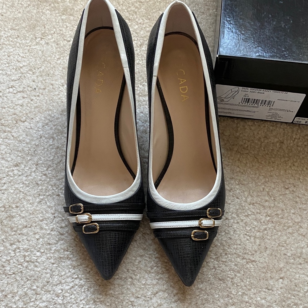 Escada Black and Cream Heels with Gold Accents